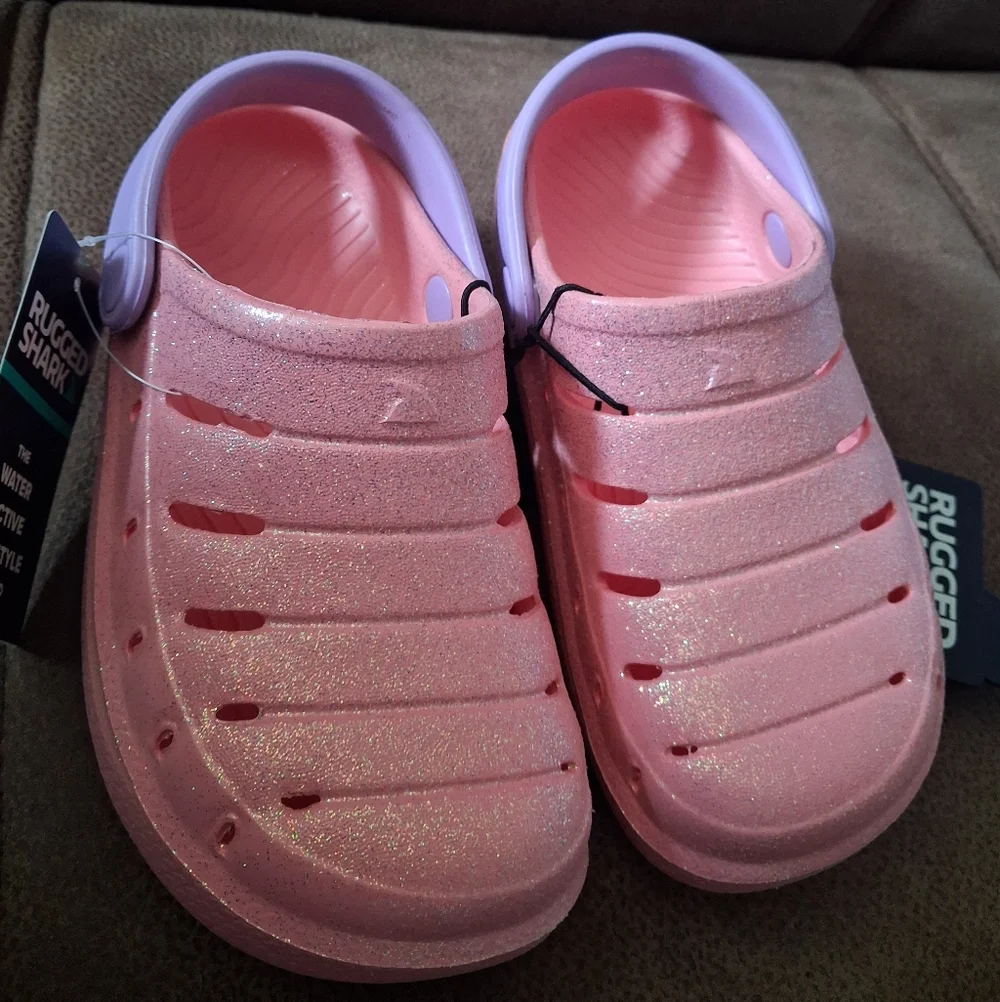 Rugged Shark Kids Sparkle Pink Slip-On Clog Size 10
